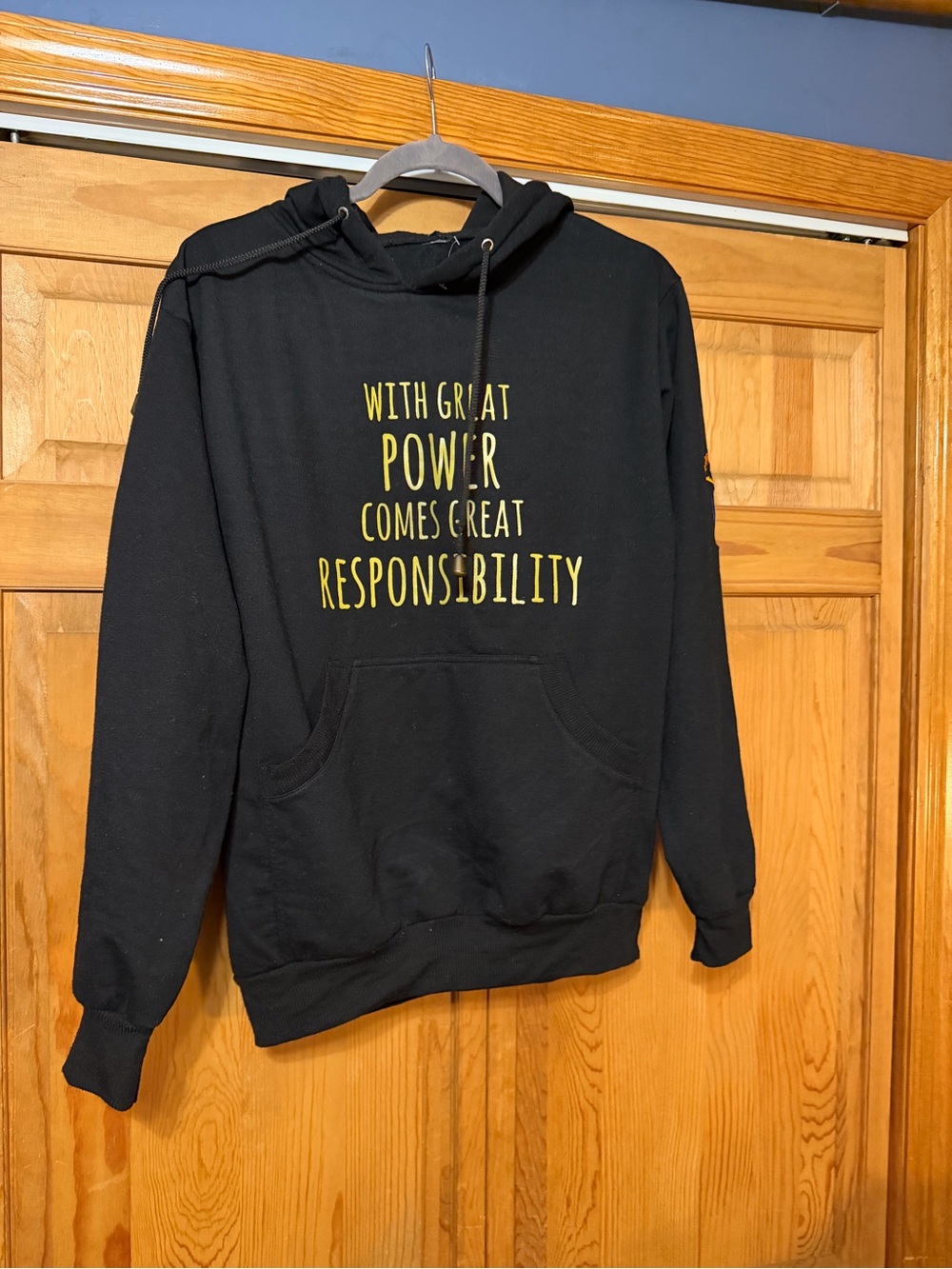 Black Men's Hoodie with Yellow 'With Great Power' Print